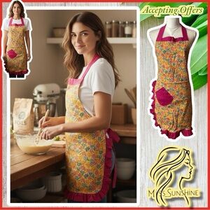 Floral pink yellow ruffled APRON - One Size - 100% cotton - super cute